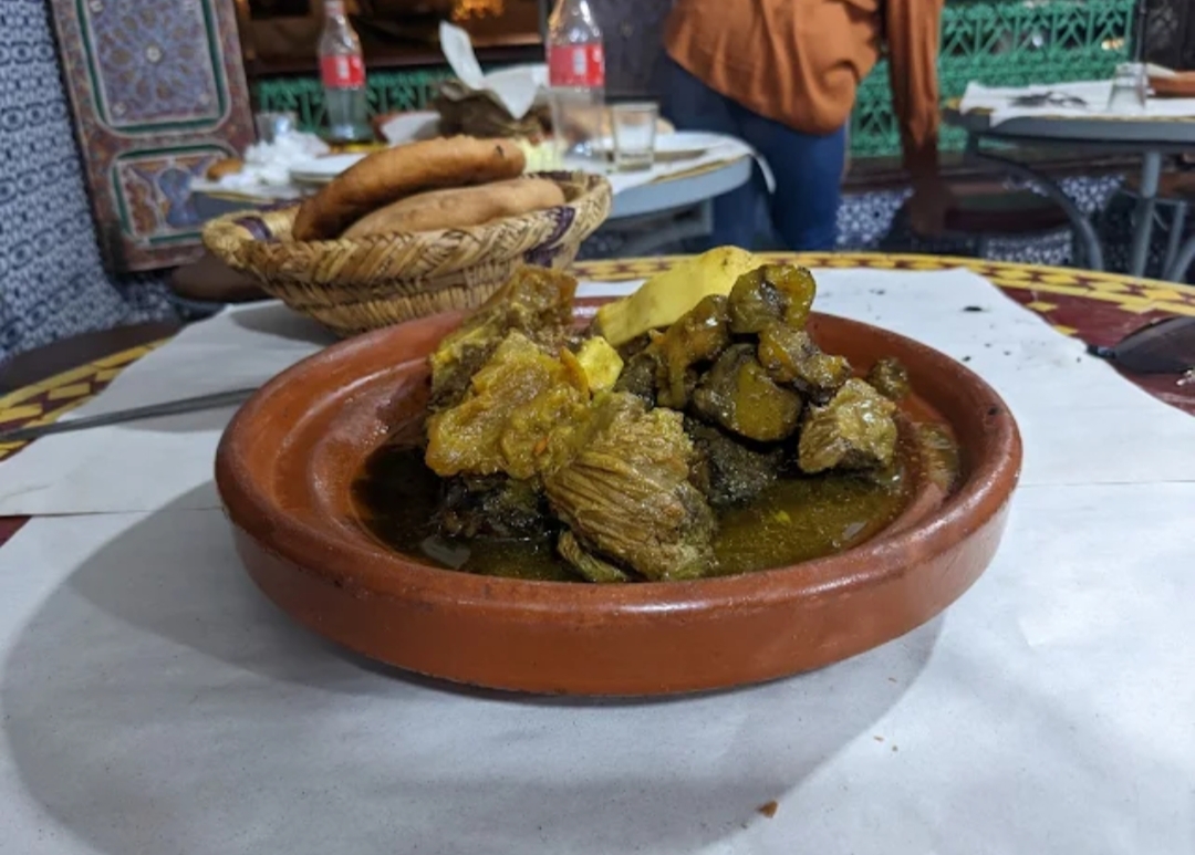 Traditional Moroccan tagine dish plated for serving